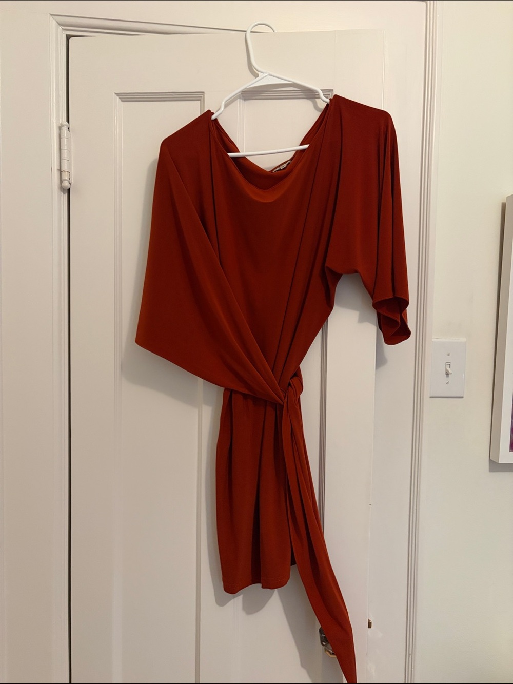 Abi Ferrin One-Shoulder Rust Dress with Draped Tie
